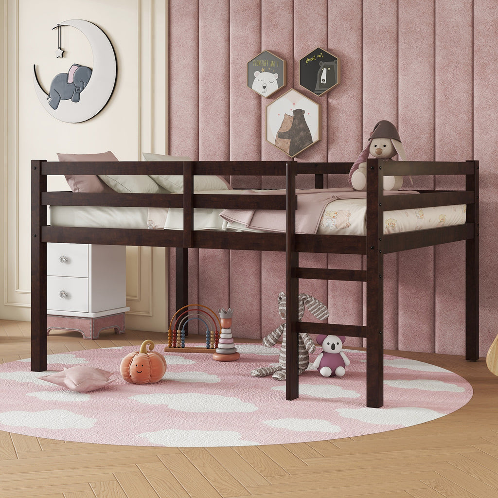 Full Low Loft Bed Frame, Solid Wood Elevated Bed with Guardrail, Space Saving Loft Bed for Bedroom, Espresso