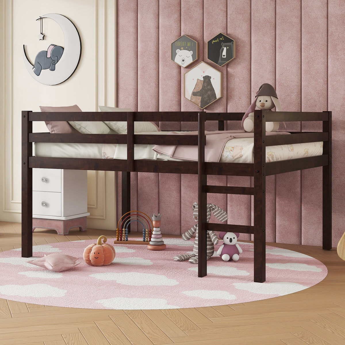 Full Low Loft Bed Frame, Solid Wood Elevated Bed with Guardrail, Space Saving Loft Bed for Bedroom, Espresso
