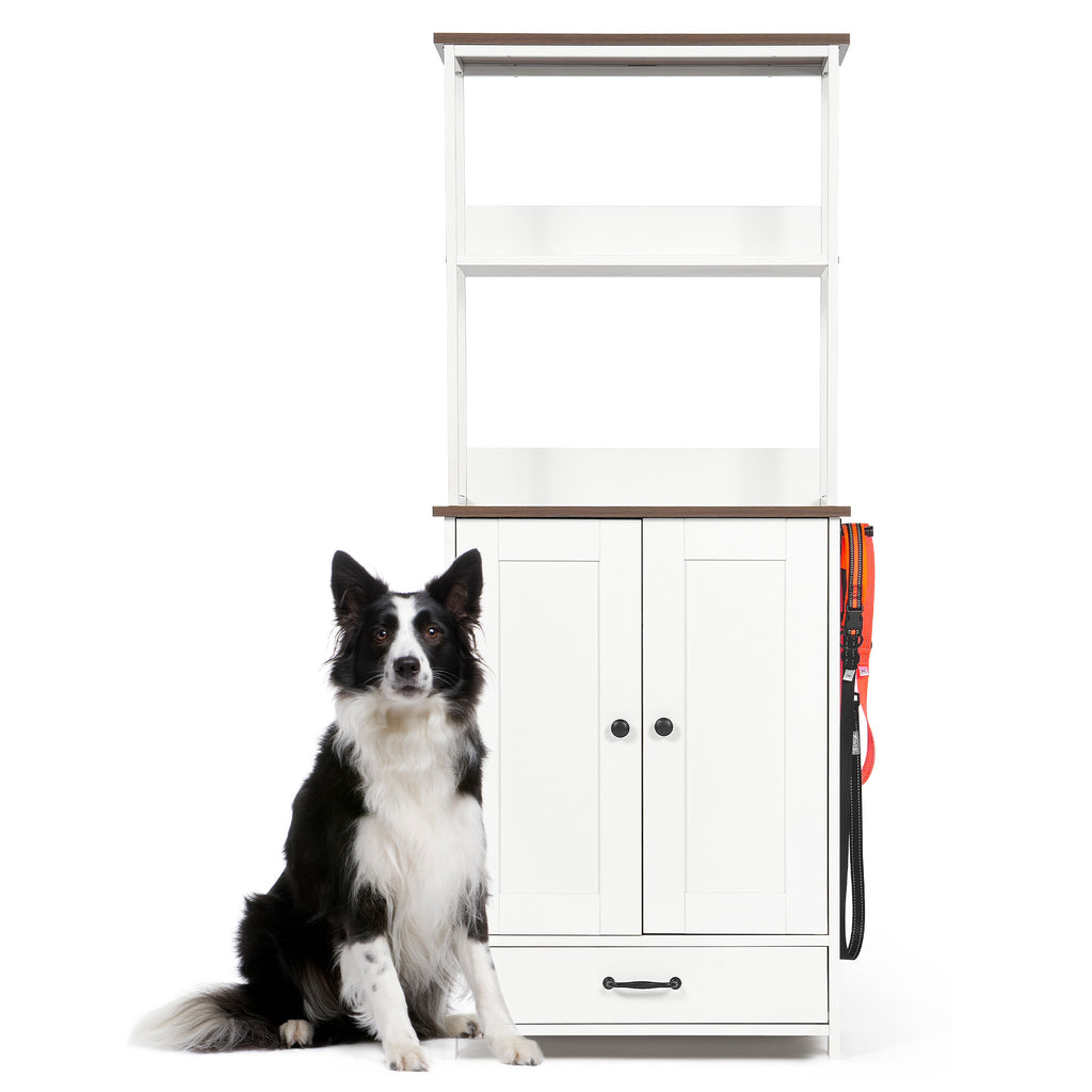 White Pet Feeding Station with Storage Cabinet, 2 Feeding Bowls and Adjustable Baffle Panel for Dog Cat