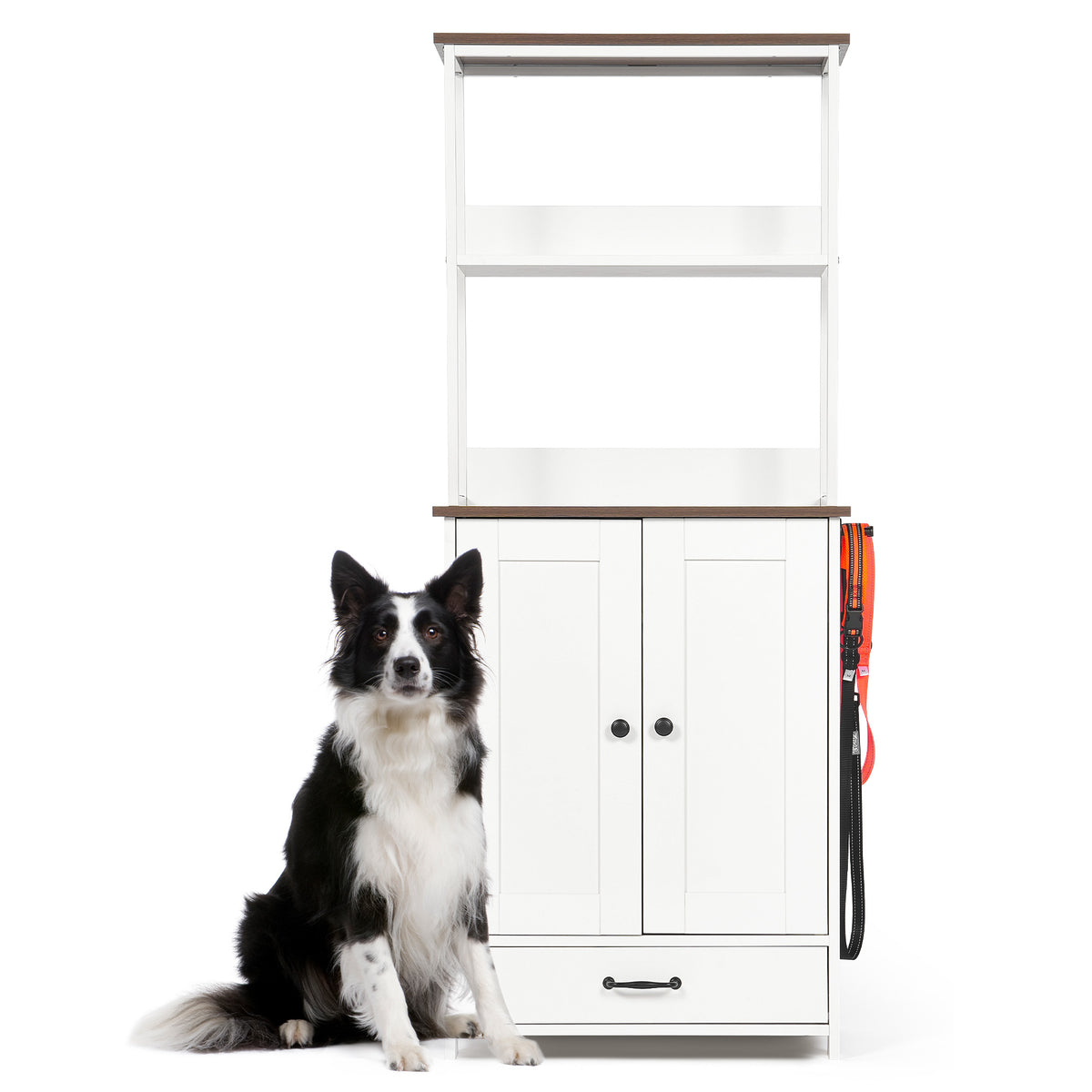 White Pet Feeding Station with Storage Cabinet, 2 Feeding Bowls and Adjustable Baffle Panel for Dog Cat