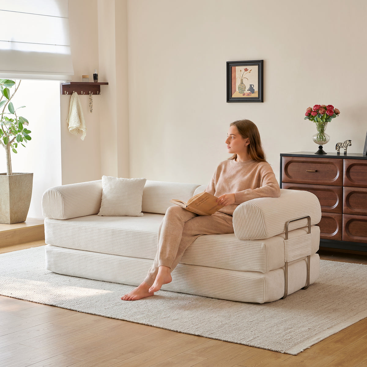 Compressed Convertible Floor Sofa Bed, Boneless Modular Sectional Futon Couch with Pillow Back & Armrest, Corduroy Fabric Loveseat for Living Room Bedroom, White