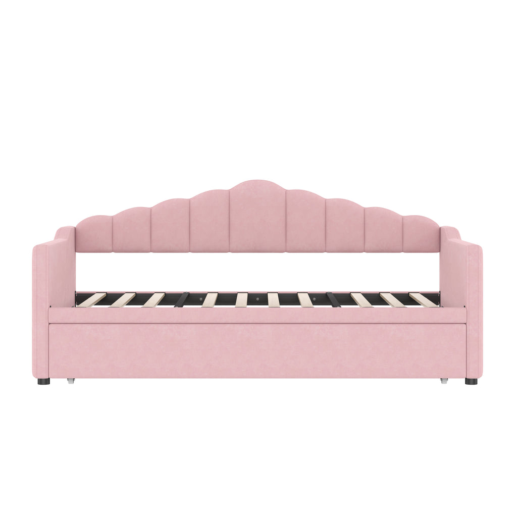 Upholstered Twin Size Daybed Bed with Charging Station & 2 Side Pockets,Velvet Daybed Frame with Adjustable Height Pop Up Trundle for Guest Room, Home Office,Pink