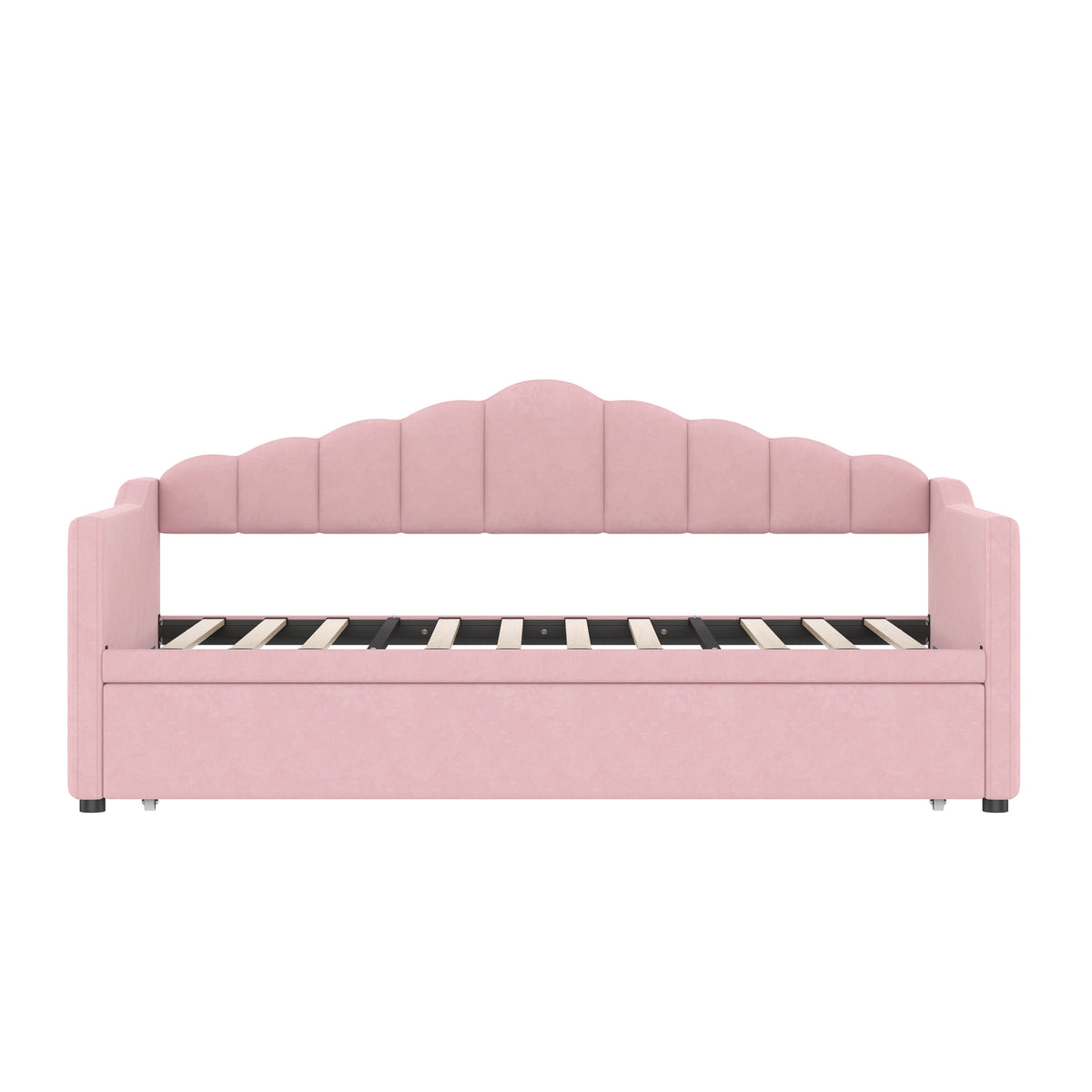 Upholstered Twin Size Daybed Bed with Charging Station & 2 Side Pockets,Velvet Daybed Frame with Adjustable Height Pop Up Trundle for Guest Room, Home Office,Pink