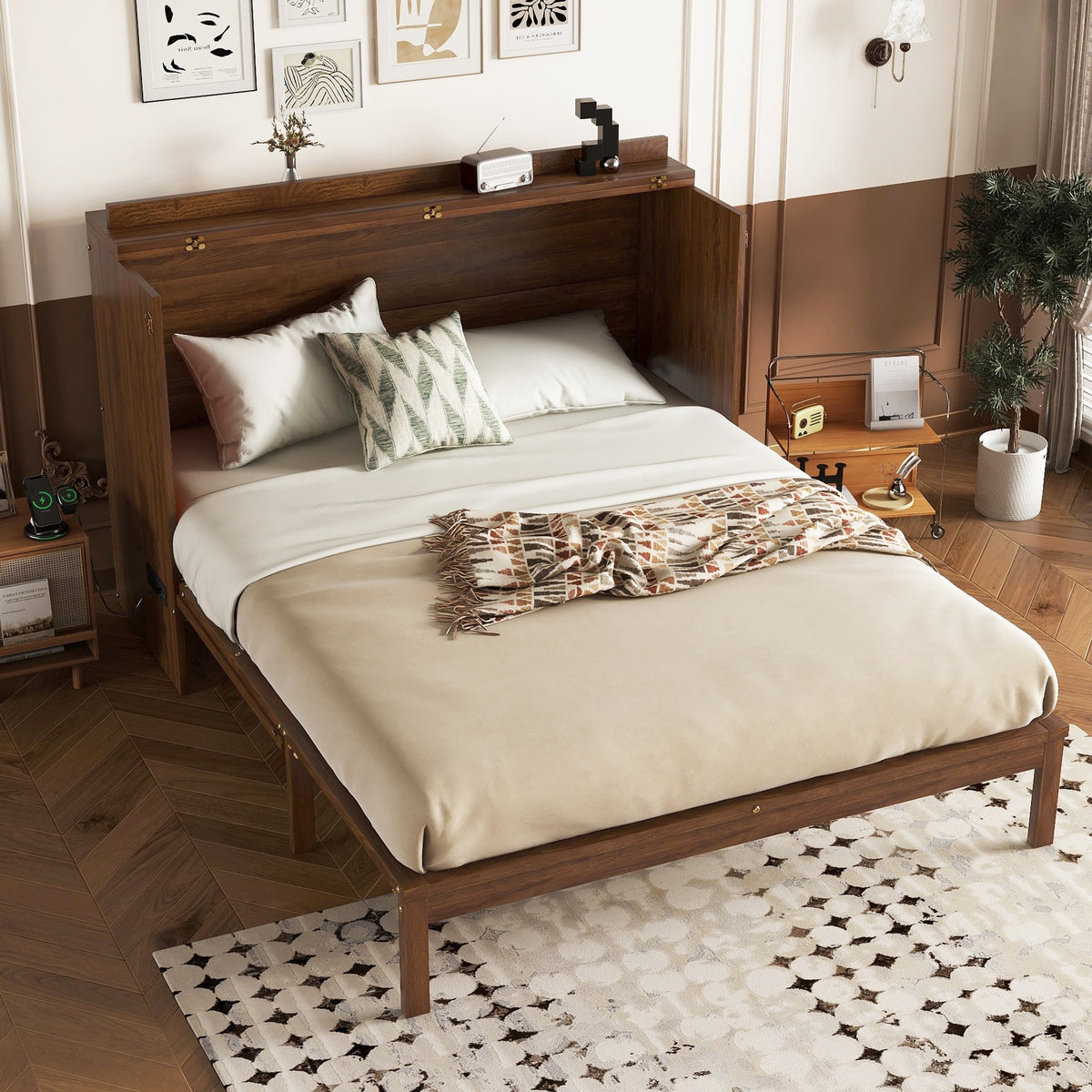 Queen Size Murphy Bed with Charging Station and 2 Storage Drawers, Pine Wood Folding Cabinet Bed, Equipped with 6 Moving Wheels, Space-Saving Hidden Wall Bed for Guest Room, Home Office,Walnut