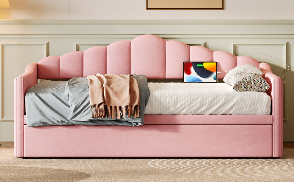 Upholstered Twin Size Daybed Bed with Charging Station & 2 Side Pockets,Velvet Daybed Frame with Adjustable Height Pop Up Trundle for Guest Room, Home Office,Pink