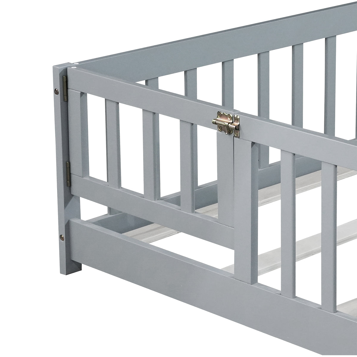 NYBOPAVIS Full Size Floor Bed with Fence&Door,Rubber Wood Floor Bed with Safety Guardrails,TMontessori Bed Boys, Girls,Deep Grey
