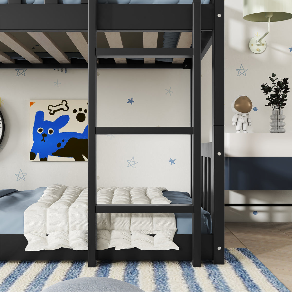 Triple Bunk Bed Frame, Convertible to 3 Single Beds, Solid Wood Bed with Ladders & Guardrails, Black