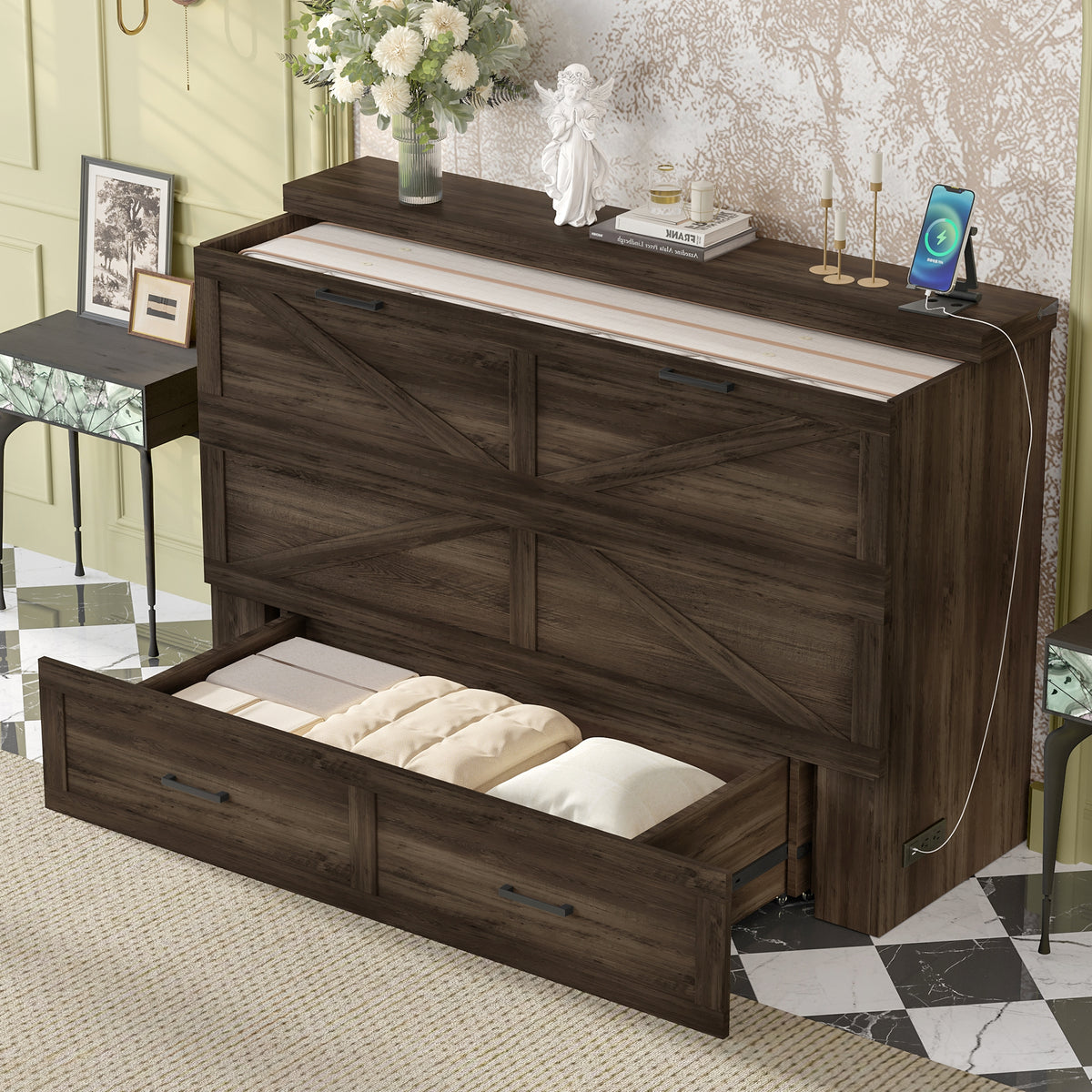 Queen Size Farmhouse Murphy Cabinet Bed with Charging Station, Foldable Platform Bed with Large Storage Drawer for Guest-Room, Small Bedroom, Rustic Gray