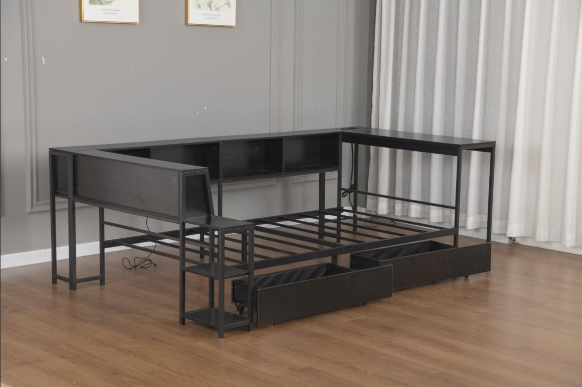 Twin Size Corner Bed Frame with Bookcase & 2 Underbed Storage Drawers, Modern Bed with LED Light and Charging Station, Left and Right Interchangeable, Black
