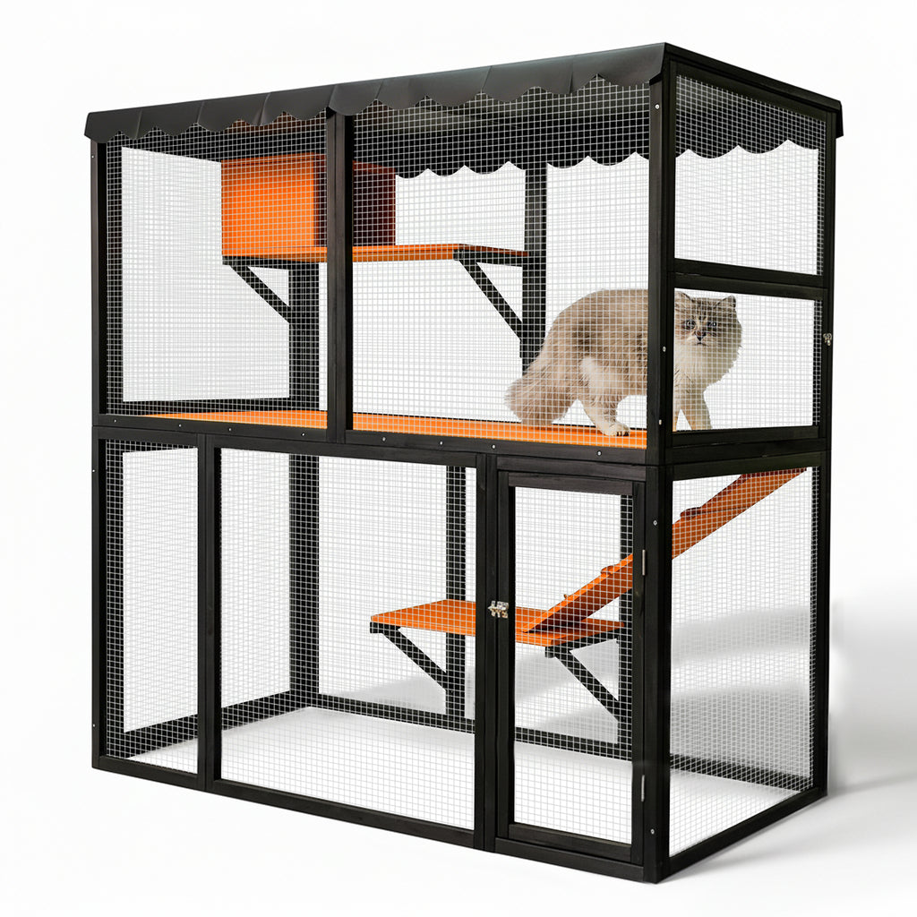 Wooden Catio Outdoor Cat Enclosure Large Cat House for Mulitiple Cats Walk ,Indoor 4 Tier Cat Enclosures House , Outdoor Cat Catio with Waterproof Cover,Ramp
