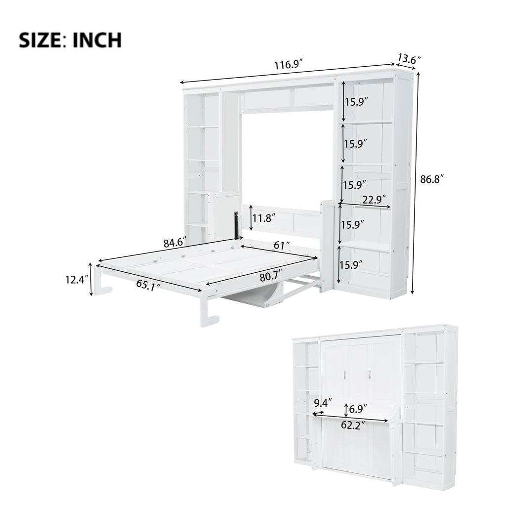 NYBOPAVIS Queen Size Murphy Bed with Vanity Desk & Bookshelf,Space-Saving Hidden Wall Bed for Living Room,White
