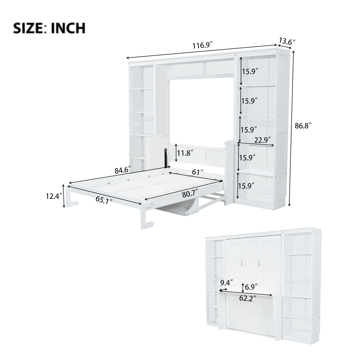 NYBOPAVIS Queen Size Murphy Bed with Vanity Desk & Bookshelf,Space-Saving Hidden Wall Bed for Living Room,White