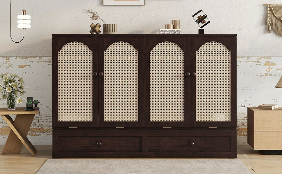 Queen Size Murphy Bed with Charging Station and 2 Storage Drawers, Pine Wood Folding Cabinet Bed, Equipped with 6 Moving Wheels, Space-Saving Hidden Wall Bed for Guest Room, Home Office,Espresso