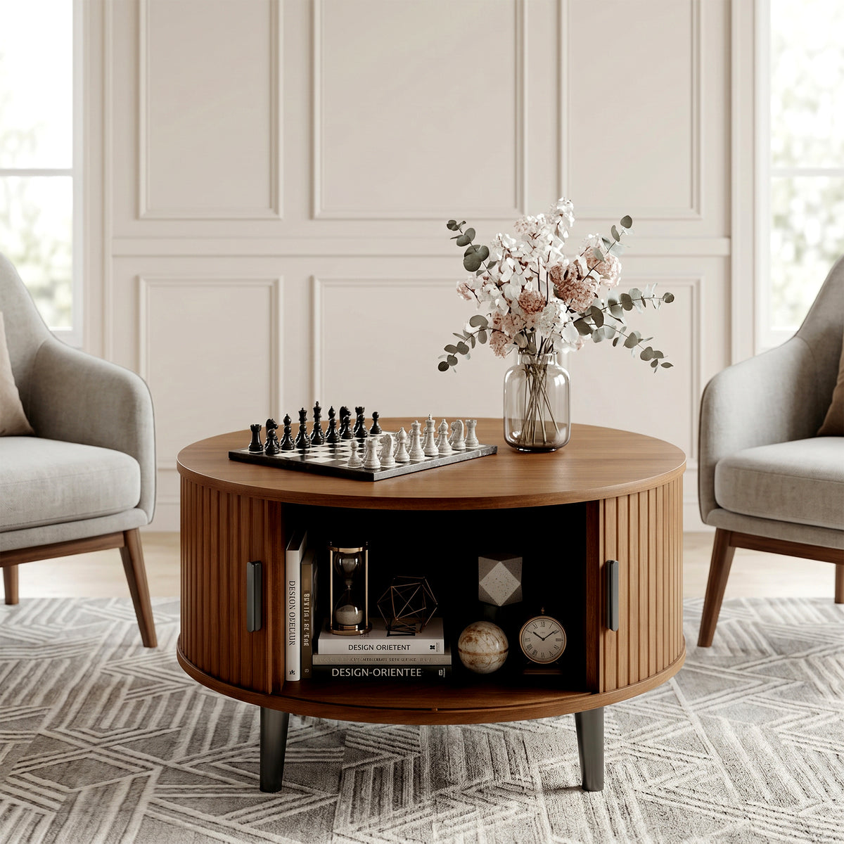Round Lift Top Coffee Table with Hidden Storage & Sliding Door, Mid Century Modern Wooden Center Table for Living Room, Apartment, Small Space, Walnut