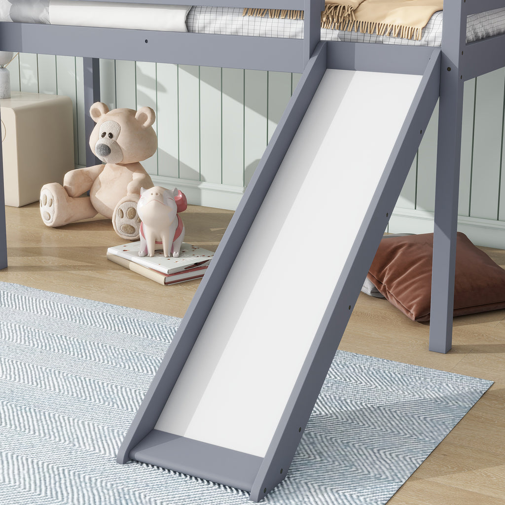 Twin Loft Bed with Slide, Solid Wood Elevated Bed Frame, Space Saving Loft Bed for Small Space Bedroom, Gray