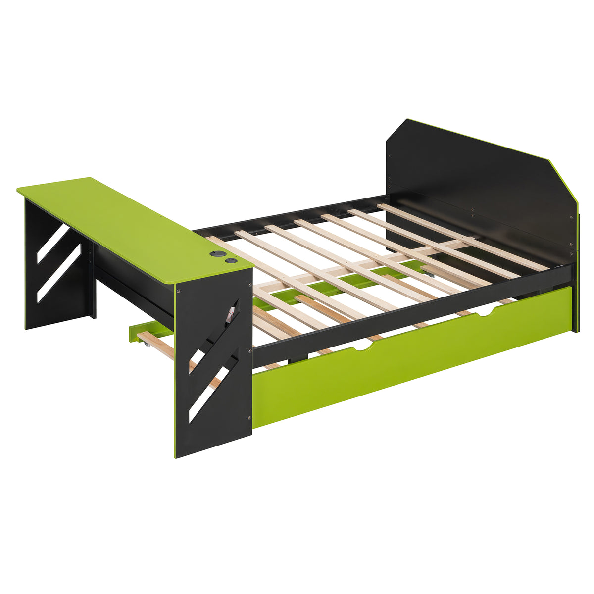 Full Size Wood Daybed with Desk & USB,Full Daybed with Twin Size Trundle for Bedroom, Green