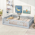 NYBOPAVIS Full Size Floor Bed with Fence&Door,Rubber Wood Floor Bed with Safety Guardrails,TMontessori Bed Boys, Girls,Deep Grey