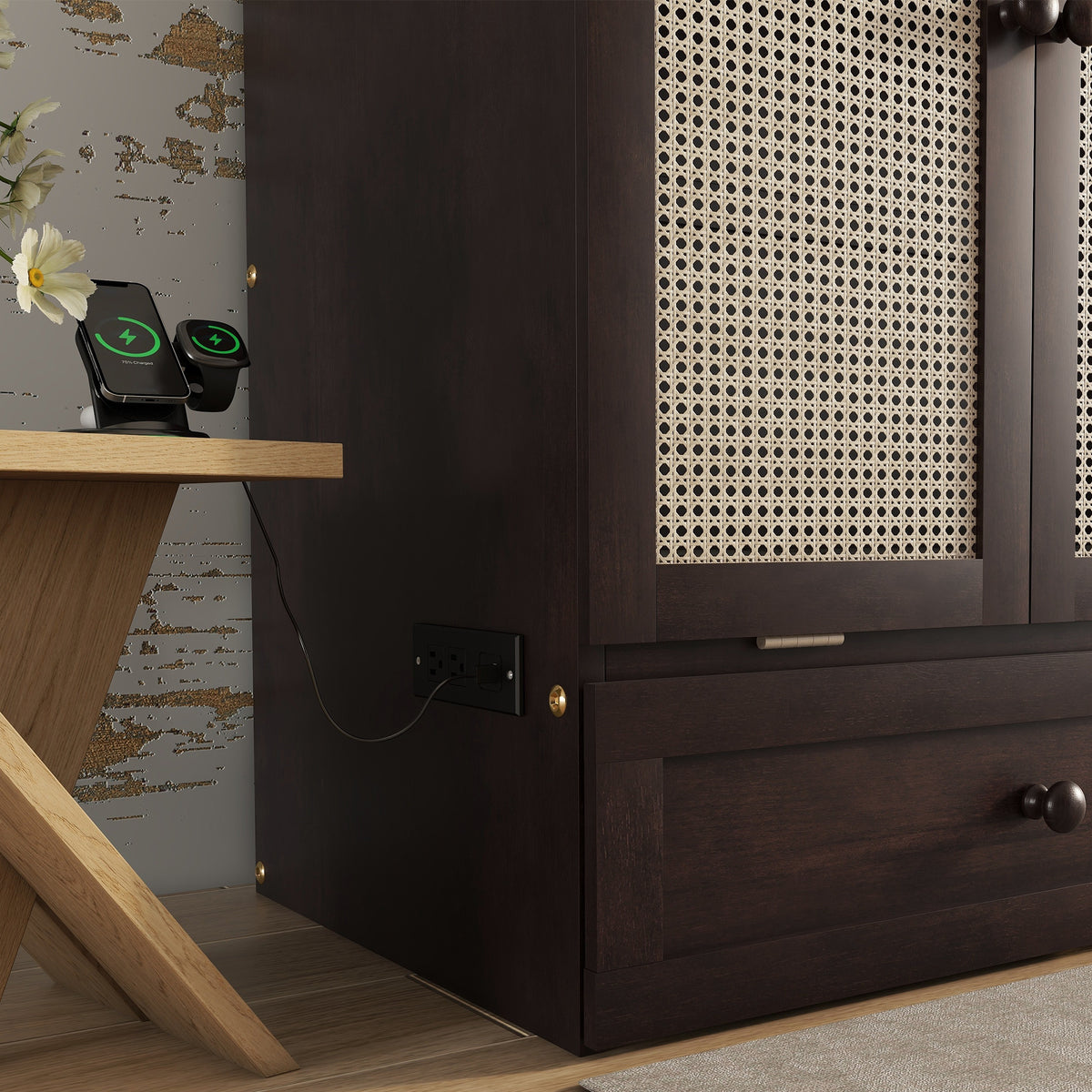 Queen Size Murphy Bed with Charging Station and 2 Storage Drawers, Pine Wood Folding Cabinet Bed, Equipped with 6 Moving Wheels, Space-Saving Hidden Wall Bed for Guest Room, Home Office,Espresso