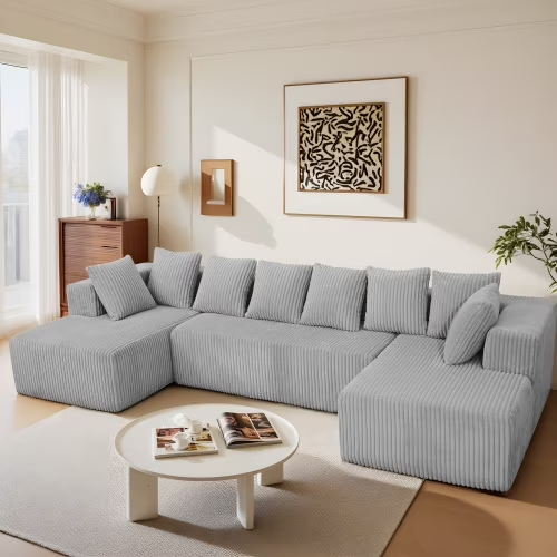 U-Shaped Sectional Sofa, Oversized 130" Corduroy Couch, Lounge Sleeper with Double Chaise and 8 Pillows for Living Room, No Assembly Gray