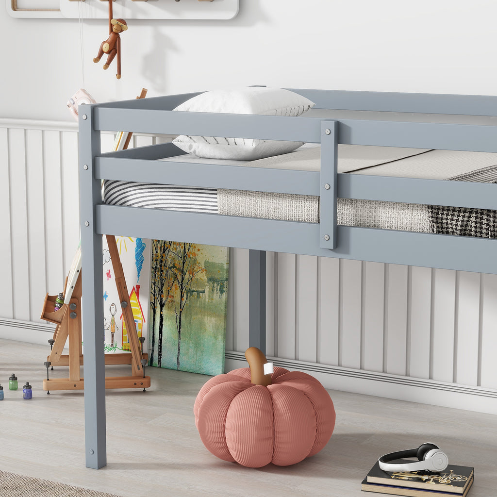 Twin Low Loft Bed Frame, Solid Wood Elevated Bed with Guardrail, Space Saving Loft Bed for Bedroom, Gray