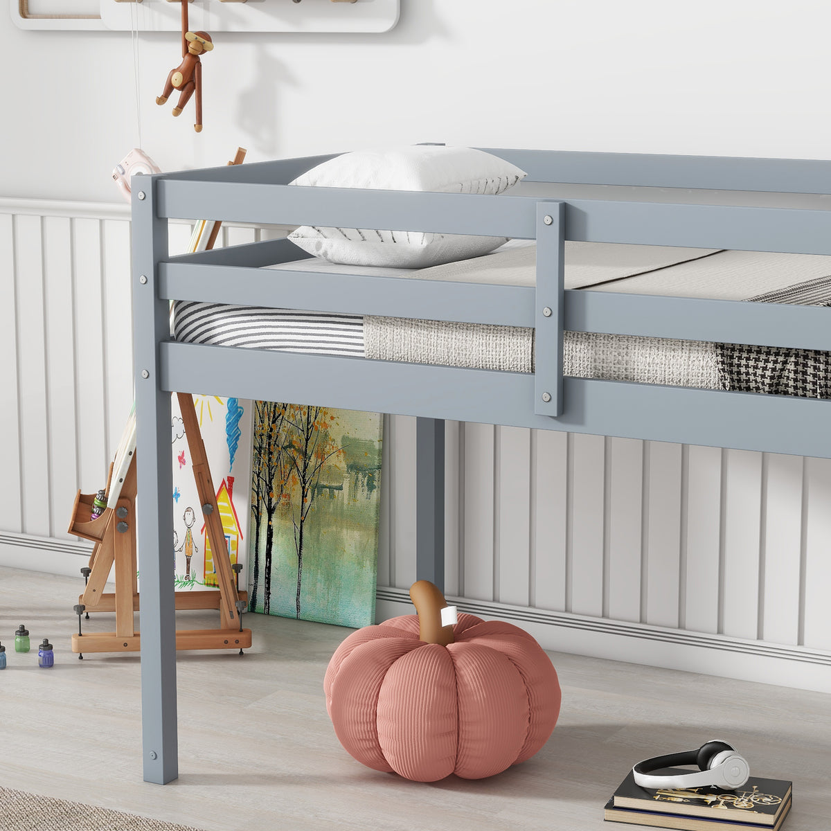 Twin Low Loft Bed Frame, Solid Wood Elevated Bed with Guardrail, Space Saving Loft Bed for Bedroom, Gray