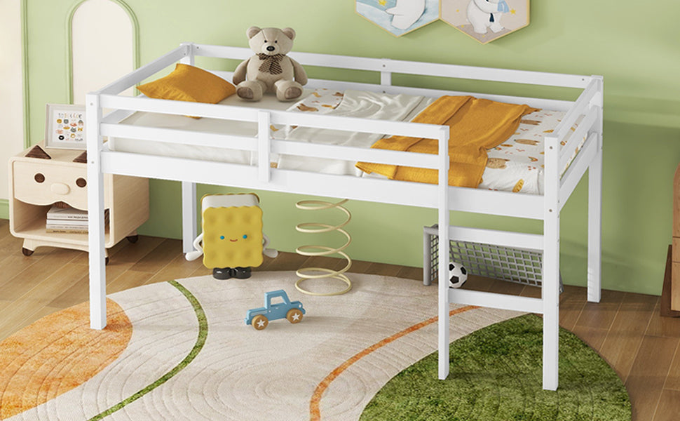 Twin Low Loft Bed Frame, Solid Wood Elevated Bed with Guardrail, Space Saving Loft Bed for Bedroom, White