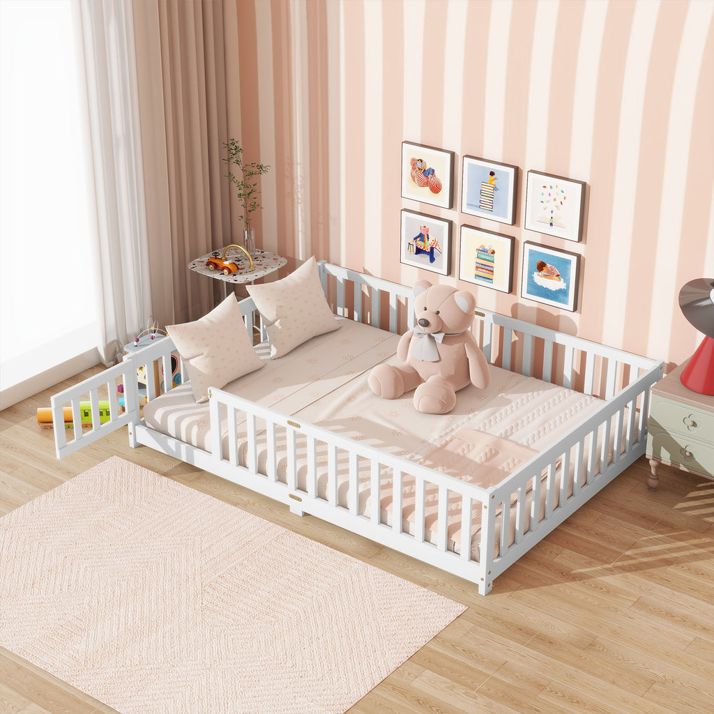 NYBOPAVIS Full Size Floor Bed with Fence&Door,Rubber Wood Floor Bed with Safety Guardrails, Montessori Bed Boys, Girls,White