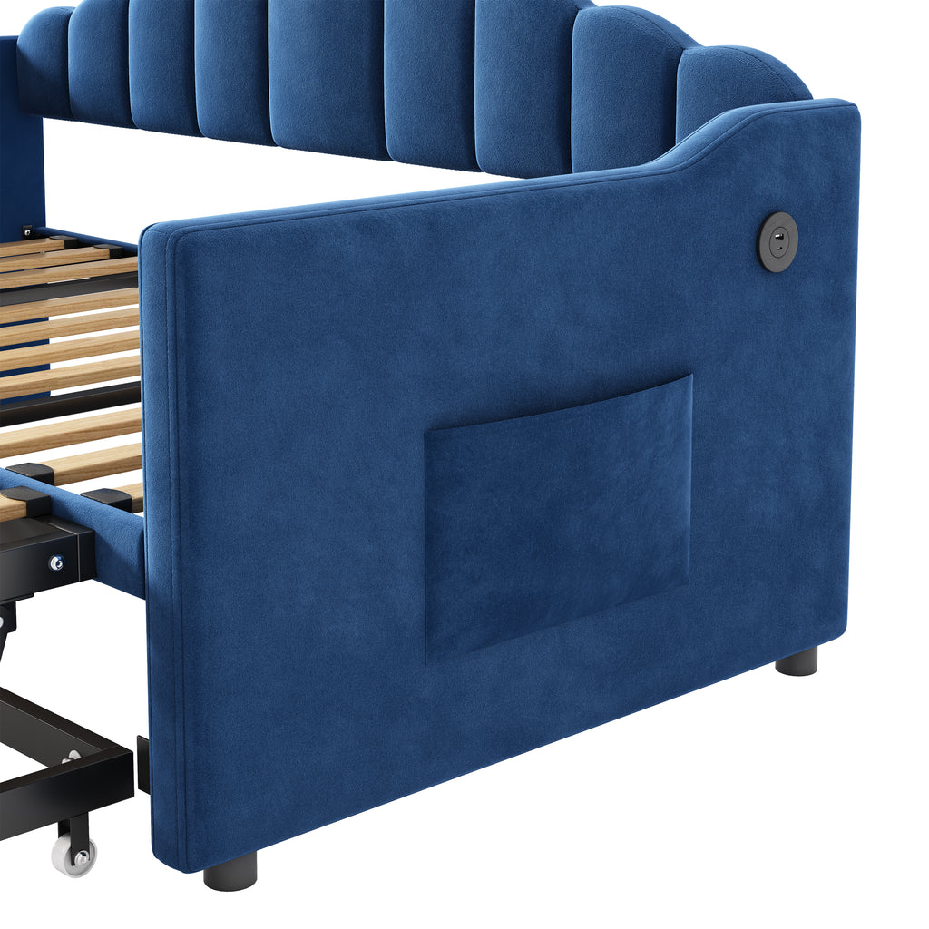 Upholstered Twin Size Daybed Bed with Charging Station & 2 Side Pockets,Velvet Daybed Frame with Adjustable Height Pop Up Trundle for Guest Room, Home Office,Blue