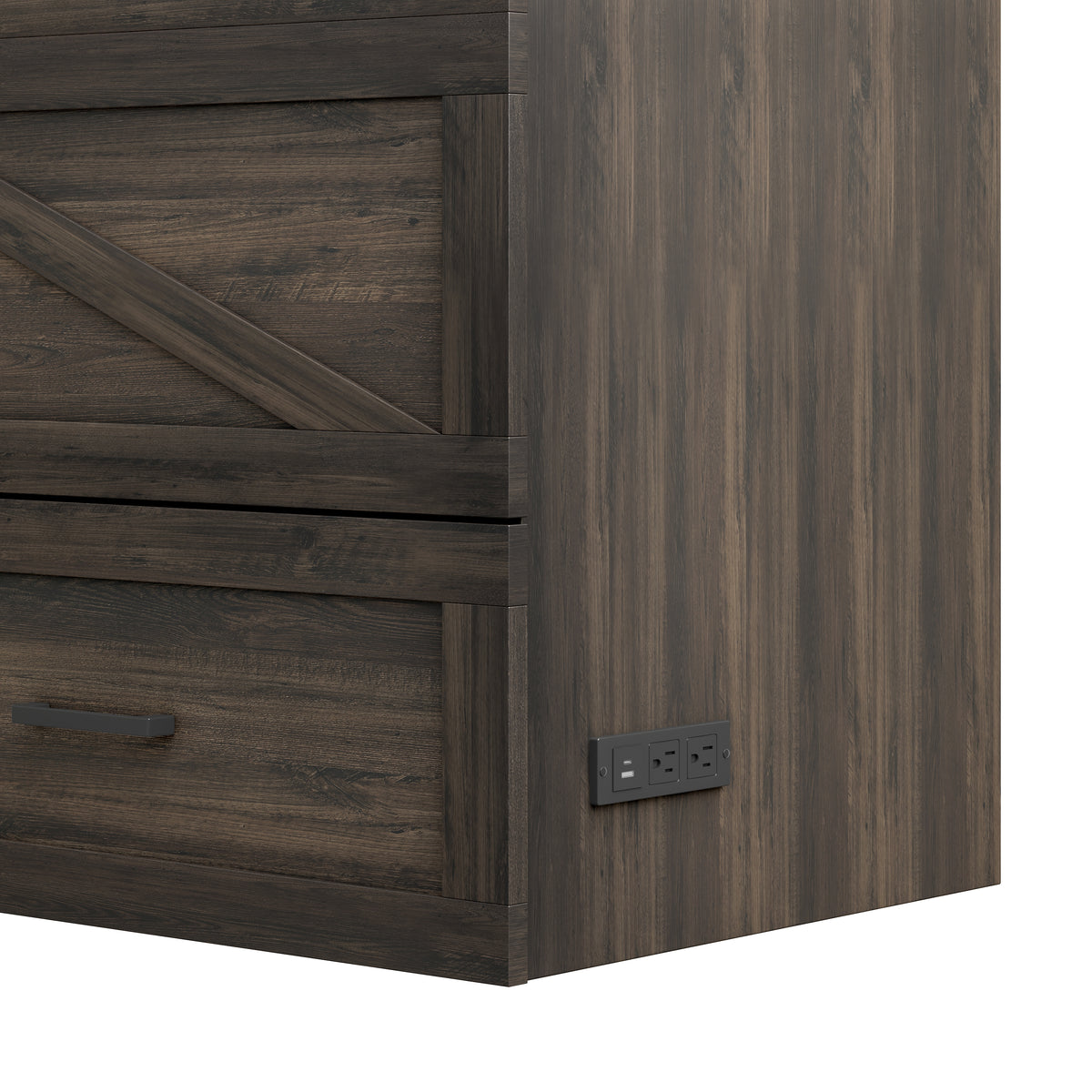 Full Size Farmhouse Murphy Cabinet Bed with Charging Station, Foldable Platform Bed with Large Storage Drawer for Guest-Room, Small Bedroom, Rustic Gray