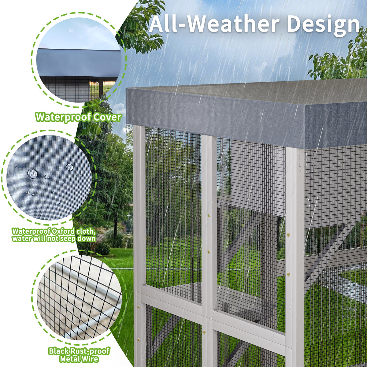 70.5＂ Tall Wooden Catio Multi-functional Cat Enclosure,6 Jumping Platforms & 2 Napping Houses, Waterproof Roof Cover,Rounded Corner,Gray