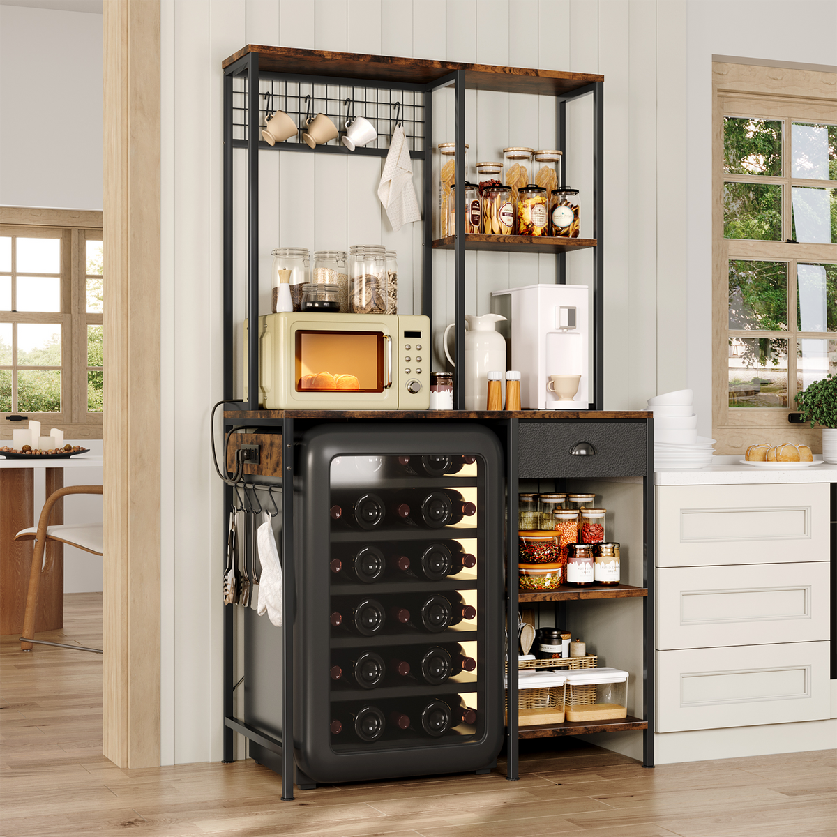 3 Tire Large Bakers Rack with Power Outlets & Adjustable Shelves, Large Coffee Bar Station with 8 Hooks,Kitchen Shelf Rack for Spices, Pots (Rustic Brown)