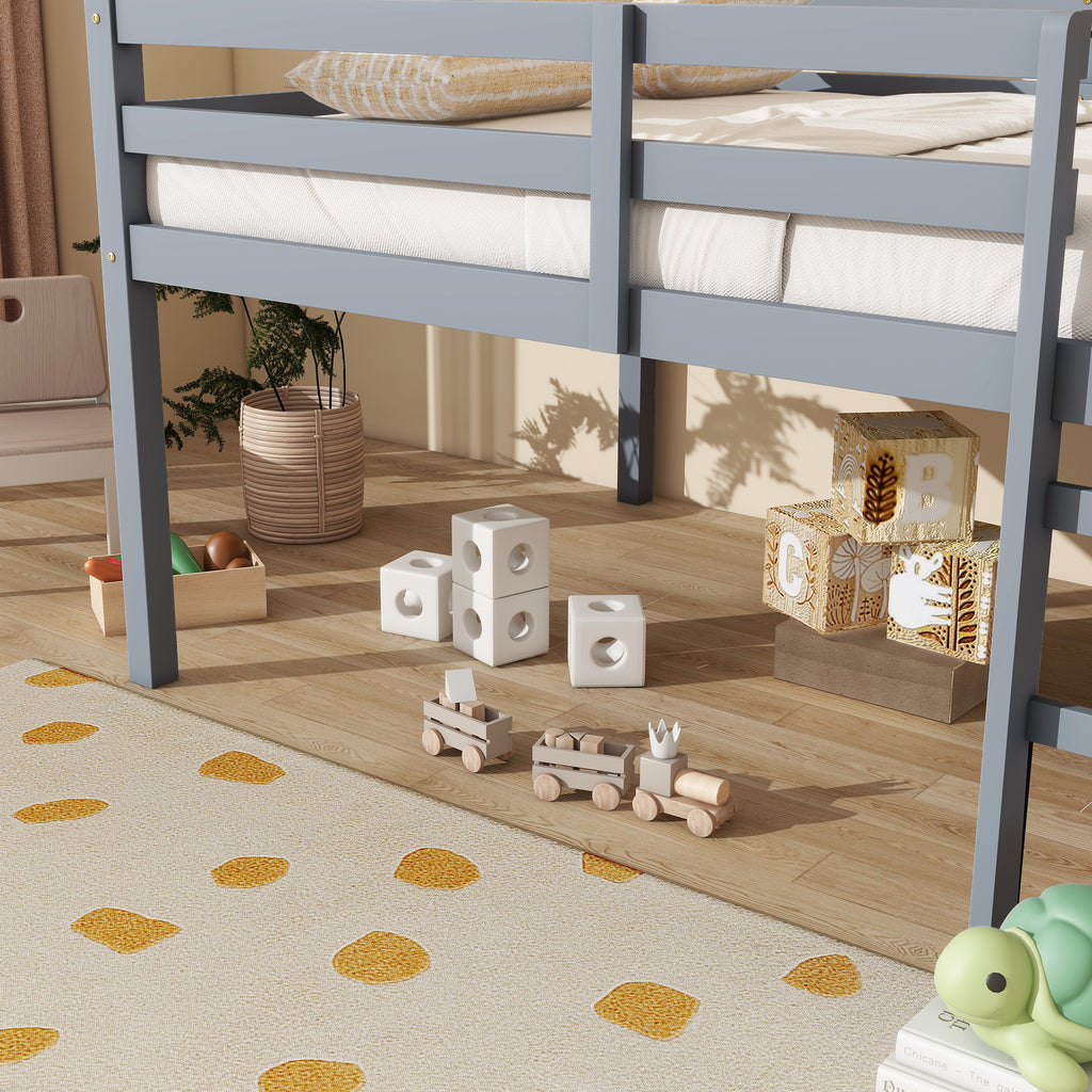 Full Low Loft Bed Frame, Solid Wood Elevated Bed with Guardrail, Space Saving Loft Bed for Bedroom, Gray