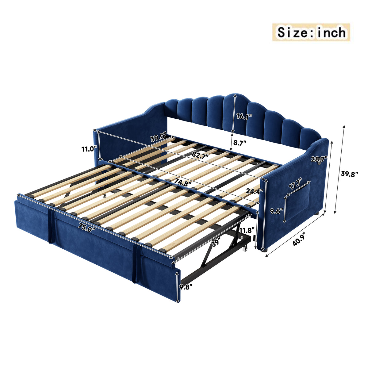 Upholstered Twin Size Daybed Bed with Charging Station & 2 Side Pockets,Velvet Daybed Frame with Adjustable Height Pop Up Trundle for Guest Room, Home Office,Blue