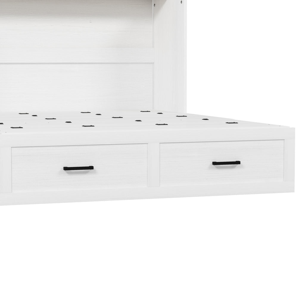 Queen Size Farmhouse Murphy Cabinet Bed with Charging Station, Foldable Platform Bed with Large Storage Drawer for Guest-Room, Small Bedroom, White