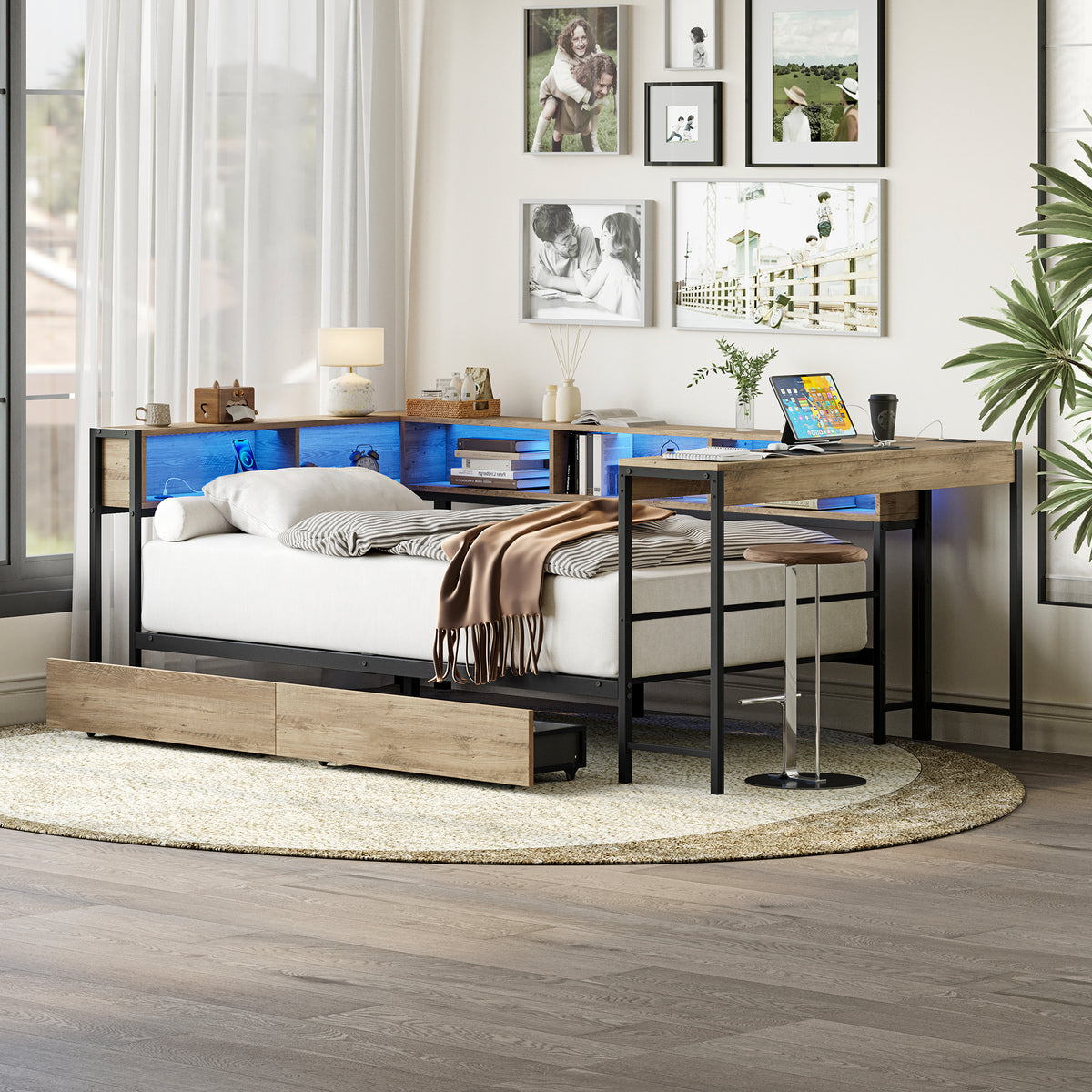 Queen Size Corner Bed Frame with LED Light & Charging Station,Bookcase, Modern Bed with Bookcase & 2 Underbed Storage Drawers, Left and Right Interchangeable, Grey