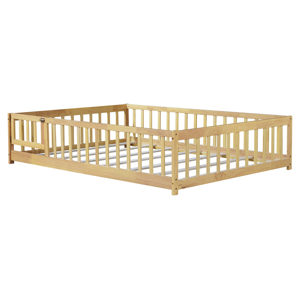 NYBOPAVIS Full Size Floor Bed with Fence&Door,Rubber Wood Floor Bed with Safety Guardrails, Montessori Bed Boys, Girls,Natural