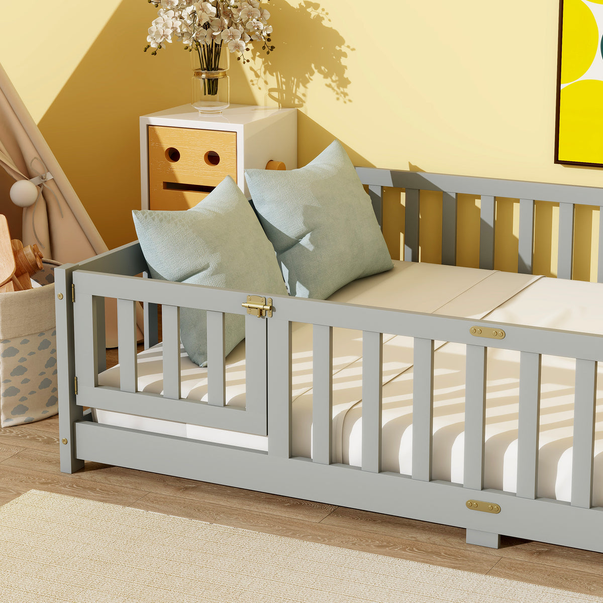 NYBOPAVIS Full Size Floor Bed with Fence & Door,Rubber Wood Floor Bed with Safety Guardrails, Montessori Bed Boys,Girls,Grey