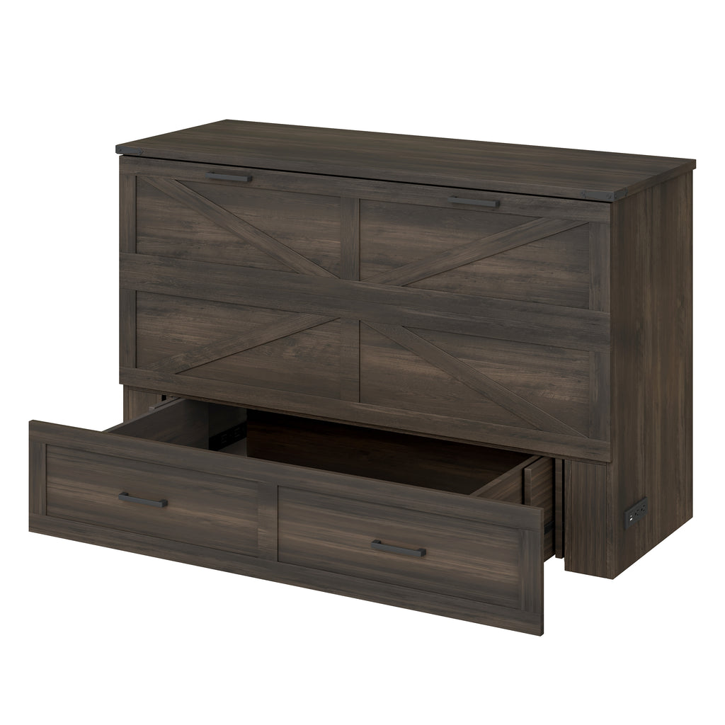Queen Size Farmhouse Murphy Cabinet Bed with Charging Station, Foldable Platform Bed with Large Storage Drawer for Guest-Room, Small Bedroom, Rustic Gray