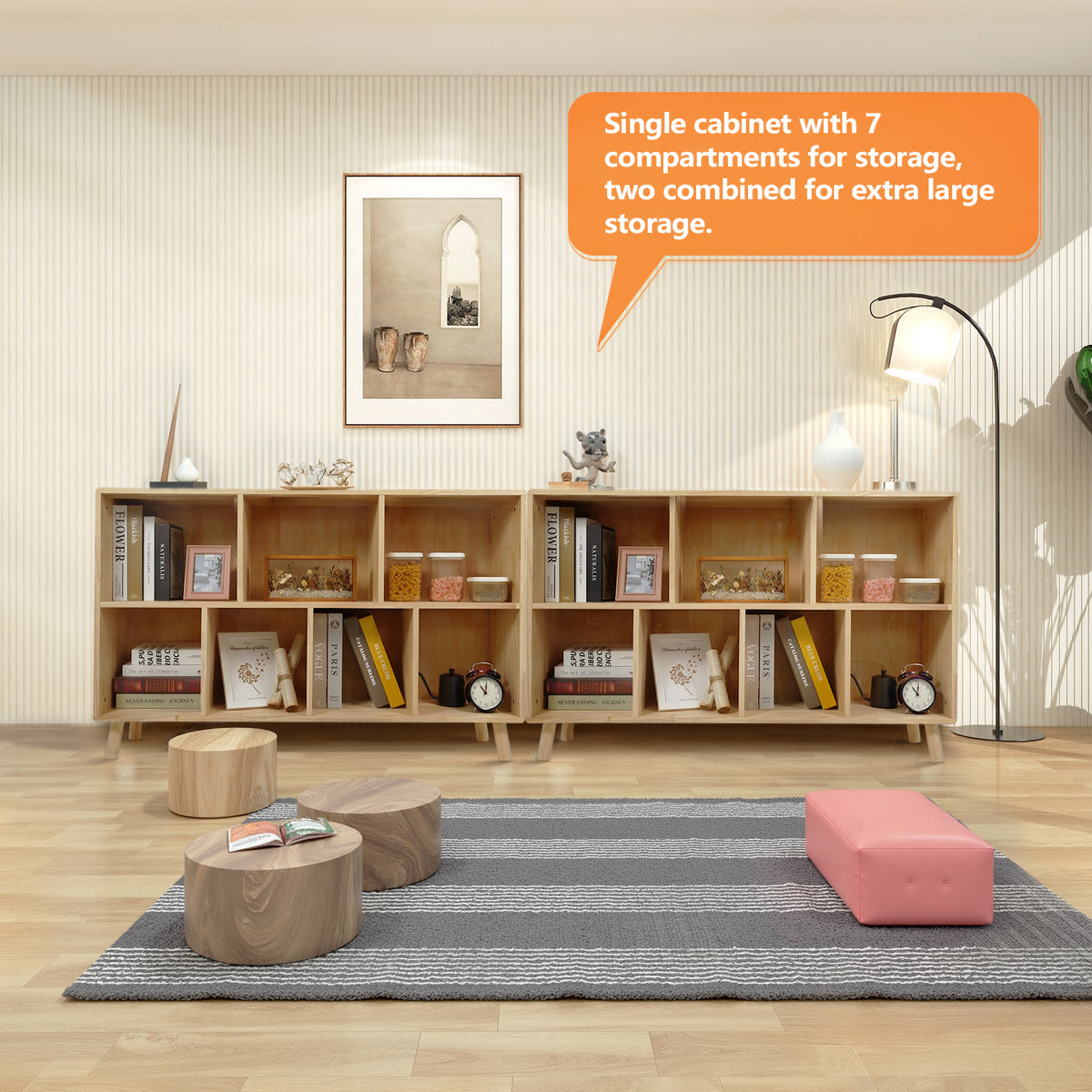 Bookshelf with 7 Cube,Pine Modern Wooden Bookcase with Storage Organizer for Home, Office, Natural