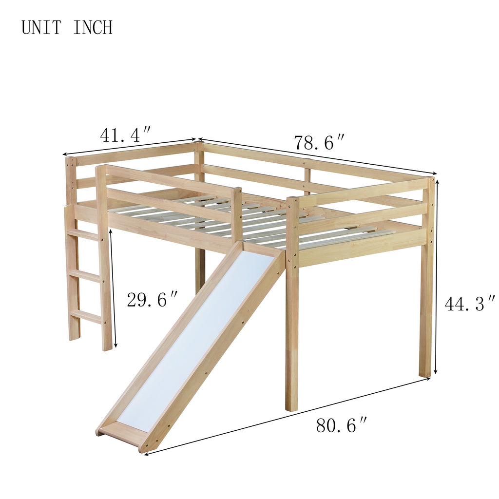 Twin Loft Bed with Slide, Solid Wood Elevated Bed Frame, Space Saving Loft Bed for Small Space Bedroom, Natural