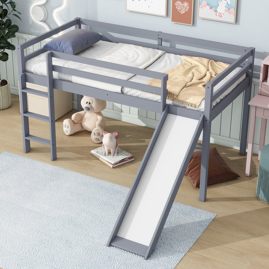 Twin Loft Bed with Slide, Solid Wood Elevated Bed Frame, Space Saving Loft Bed for Small Space Bedroom, Gray