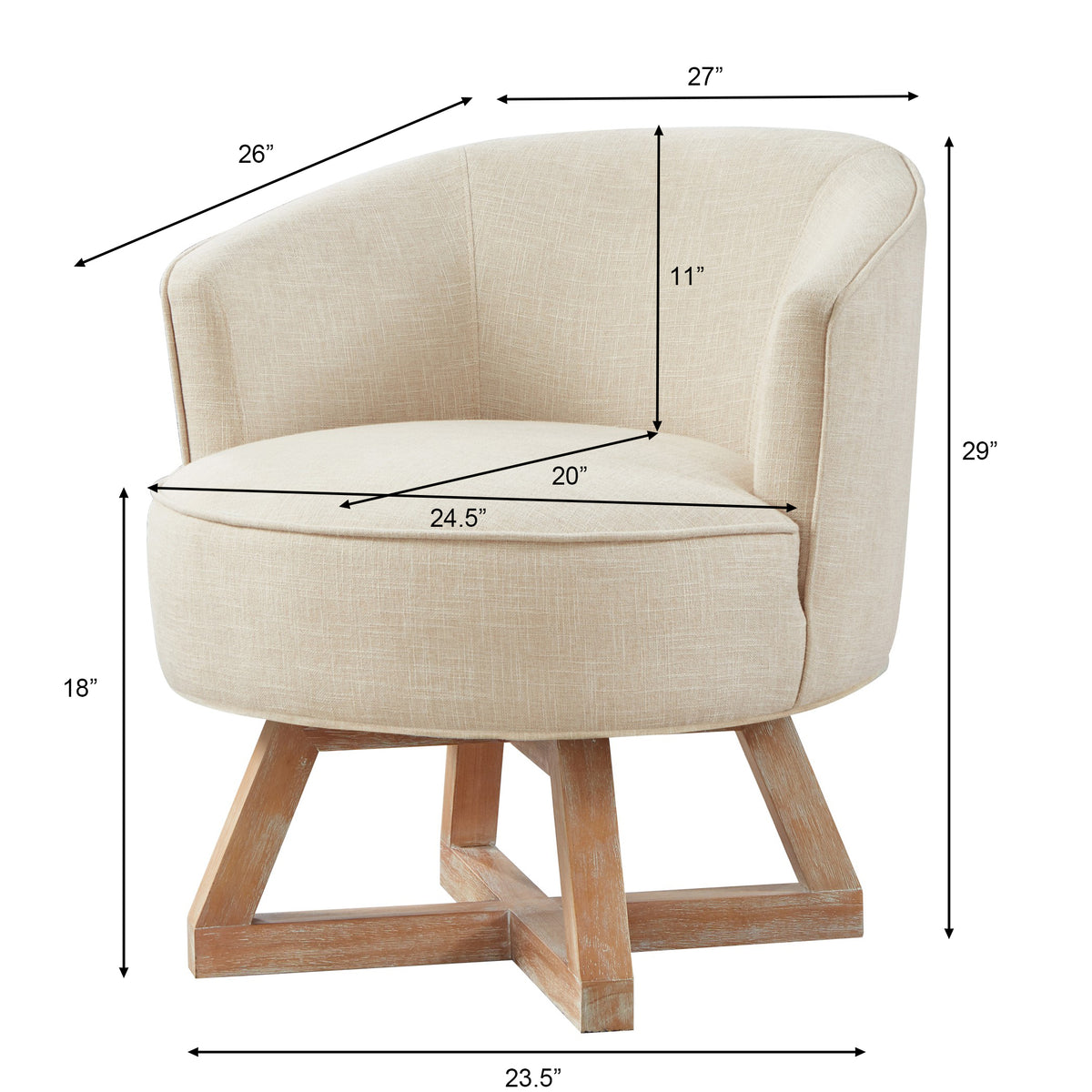 360° Swivel Accent Chair, Barrel Chair with Solid Wood Base, Linen Fabric Armchair, Beige