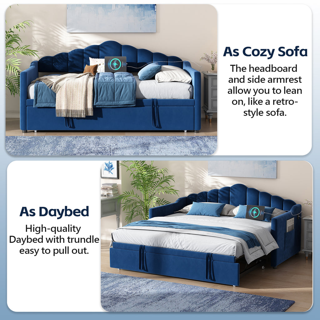 Upholstered Twin Size Daybed Bed with Charging Station & 2 Side Pockets,Velvet Daybed Frame with Adjustable Height Pop Up Trundle for Guest Room, Home Office,Blue