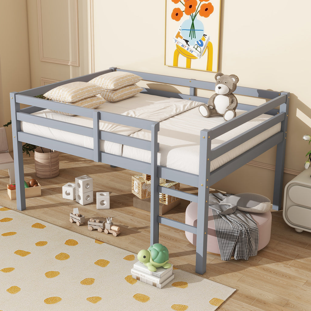 Full Low Loft Bed Frame, Solid Wood Elevated Bed with Guardrail, Space Saving Loft Bed for Bedroom, Gray