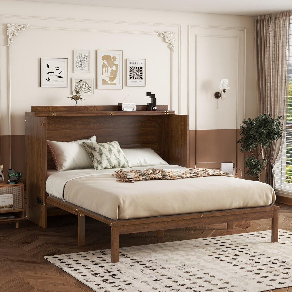 Queen Size Murphy Bed with Charging Station and 2 Storage Drawers, Pine Wood Folding Cabinet Bed, Equipped with 6 Moving Wheels, Space-Saving Hidden Wall Bed for Guest Room, Home Office,Walnut