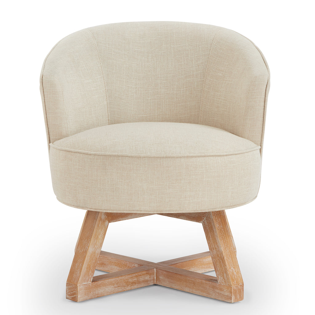 360° Swivel Accent Chair, Barrel Chair with Solid Wood Base, Linen Fabric Armchair, Beige