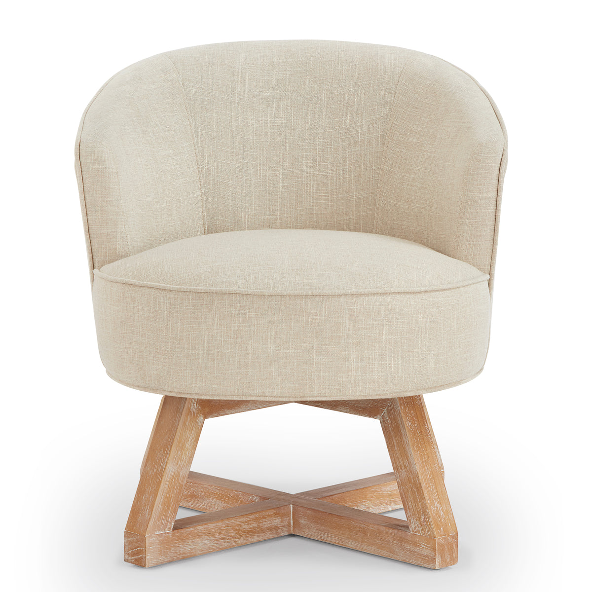 360° Swivel Accent Chair, Barrel Chair with Solid Wood Base, Linen Fabric Armchair, Beige