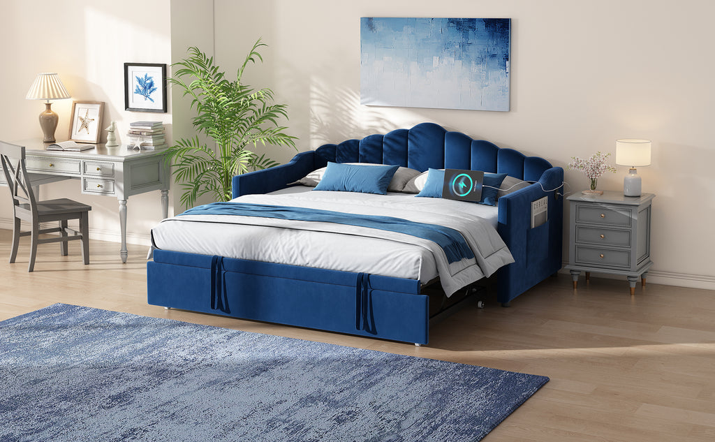 Upholstered Twin Size Daybed Bed with Charging Station & 2 Side Pockets,Velvet Daybed Frame with Adjustable Height Pop Up Trundle for Guest Room, Home Office,Blue