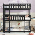 Triple Bunk Bed Frame, Convertible to 3 Single Beds, Solid Wood Bed with Ladders & Guardrails, Black