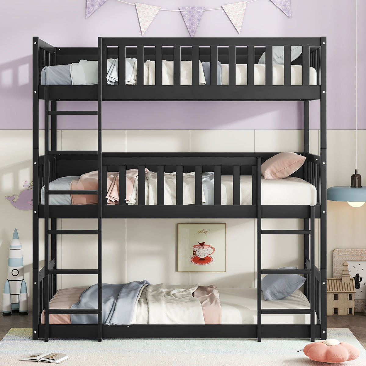 Triple Bunk Bed Frame, Convertible to 3 Single Beds, Solid Wood Bed with Ladders & Guardrails, Black